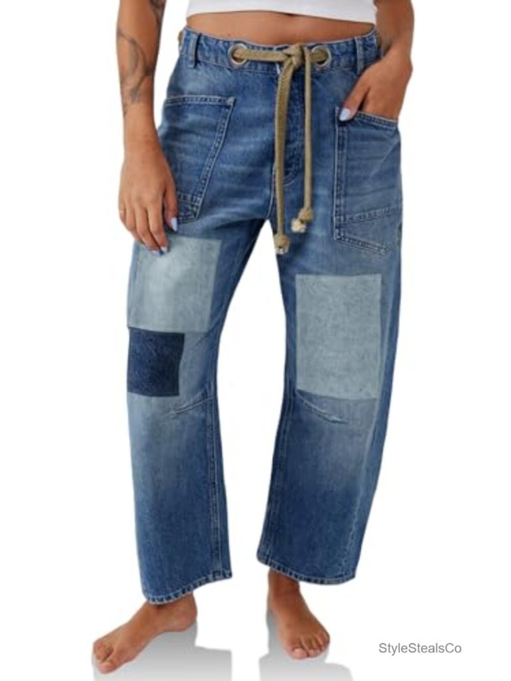 Womens Baggy Barrel Horseshoe Wide Leg Patchwork Low Rise Denim Pants